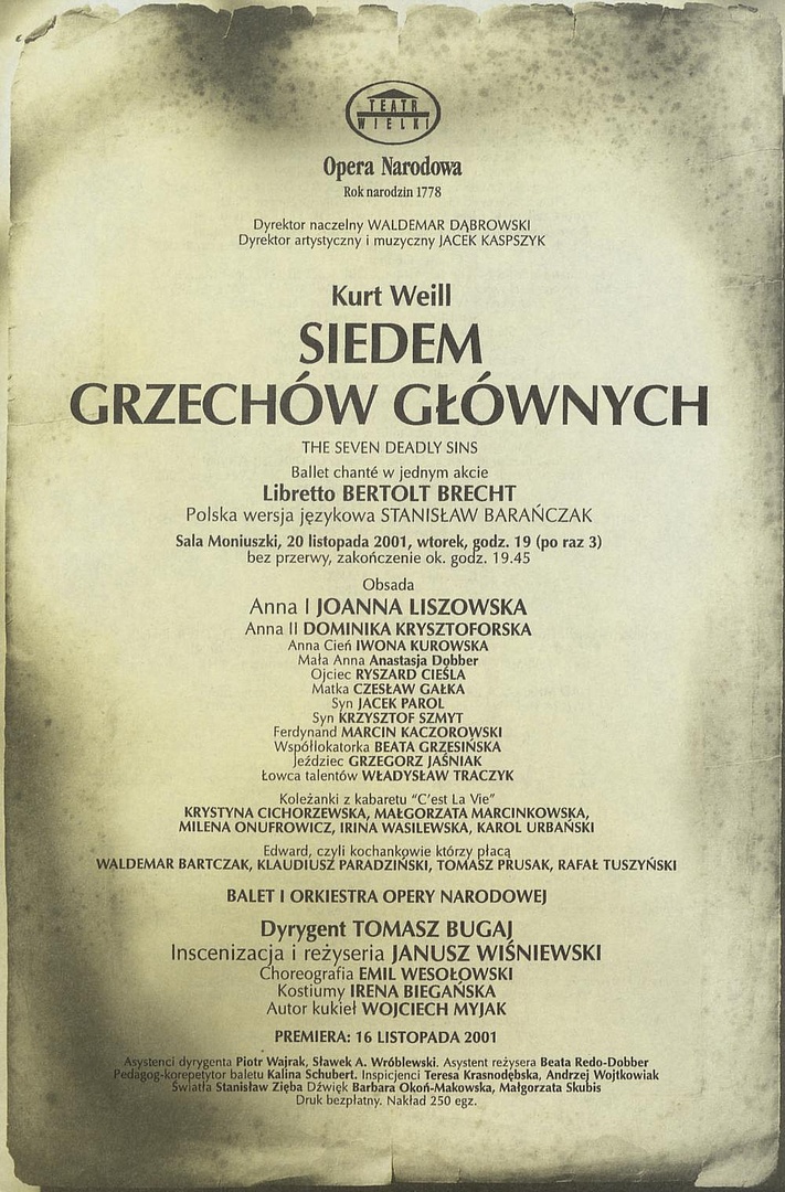 Wkładka obsadowa „Siedem grzechów głównych” Kurt Weill 20-11-2001