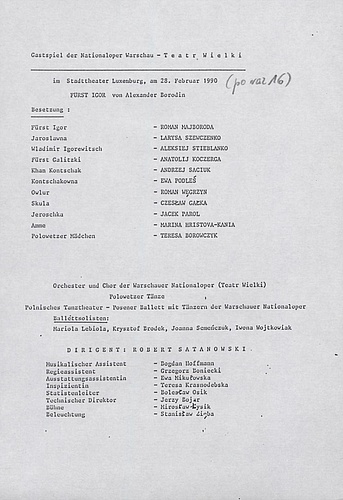 Gastspiel der Nationaloper Warschau – Teatr Wielki im Stadttheater Luxemburg am 28-02-1990