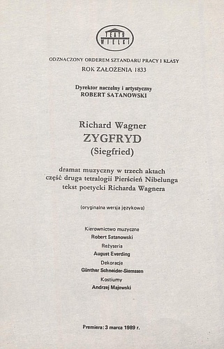 Wkładka obsadowa „Zygfryd” Richard Wagner 09-02-1989