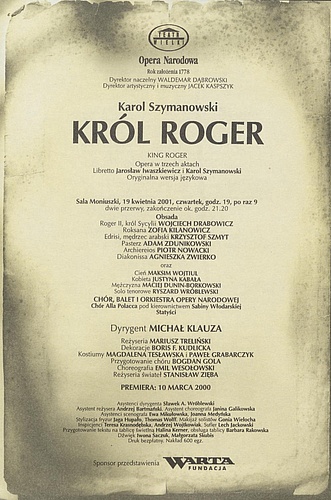 Wkładka obsadowa „Król Roger” Karol Szymanowski 19-04-2001