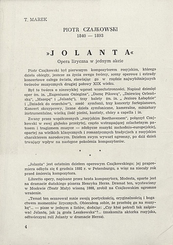 Program Jolanta – Piotr Czajkowski i Wieczór Prządek – Zoltan Kodaly, premiera 21-04-1955. Państwowa Opera w Warszawie