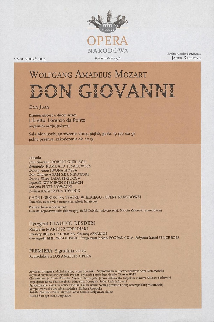Wkładka obsadowa „Don Giovanni” Wolfgang Amadeusz Mozart 30-01-2004