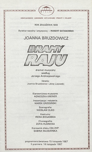 Wkładka obsadowa. „Bramy Raju” Joanna Bruzdowicz 16-11-1987