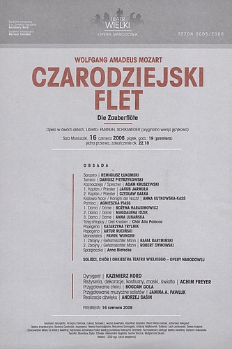 Wkładka premierowa. „Czarodziejski flet” Wolfgang Amadeusz Mozart 16-06-2006