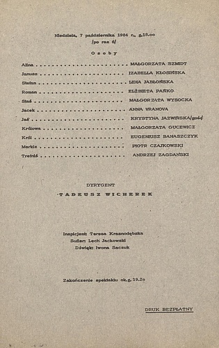 Wkładka Obsadowa „Paziowie Królowej Marysieńki”. Stanisław Duniecki 07-10-1984