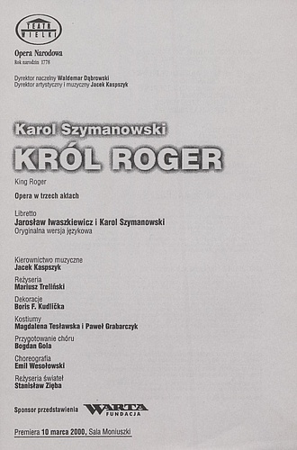 Wkładka obsadowa „Król Roger” Karol Szymanowski 12-03-2000