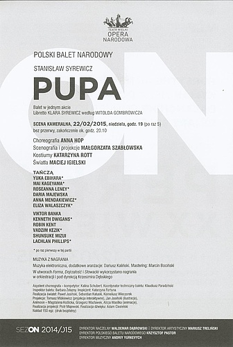 Wkładka obsadowa "Pupa" Stanisław Syrewicz / Anna Pop / Małgorzata Szabłowska, 2015-02-22