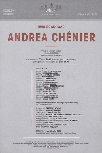 Wkładka obsadowa „Andrea Chénier” Umberto Giordano 07-05-2006