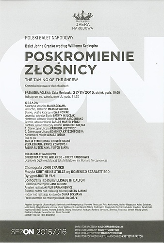 Wkładka obsadowa "Poskromienie złośnicy" John Cranko według Williama Szekspira premiera polska 2015-11-27