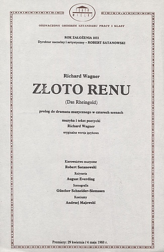 Wkładka premierowa I „Złoto Renu” (Das Rheingold) Richard Wagner 29-04-1988