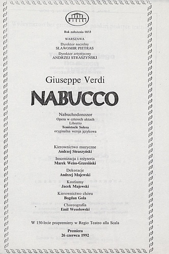 Wkładka obsadowa „Nabucco” Giuseppe Verdi 05-09-1992