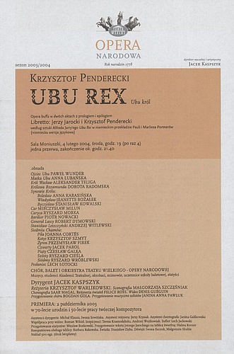 Wkładka obsadowa „Ubu Rex” Krzysztof Penderecki 4-02-2004