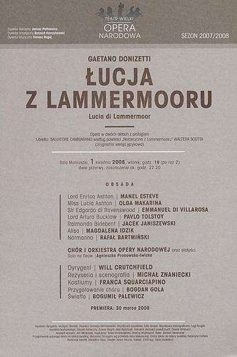 Wkładka obsadowa - „Łucja z Lammermooru” Gaetano Donizetti 01-04-2008