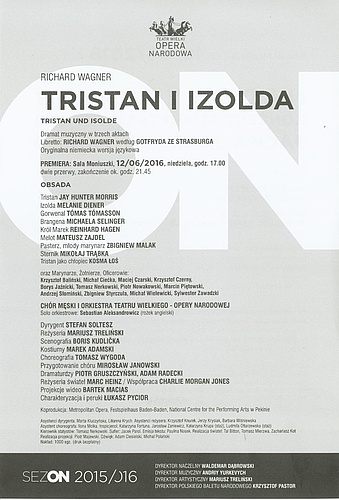 Wkładka obsadowa „Tristan i Izolda” Richard Wagner premiera 2016-06-12