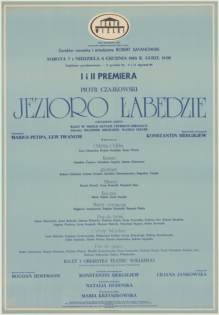 Afisz premierowy. „Jezioro łabędzie” Piotr Czajkowski 1985-12-07