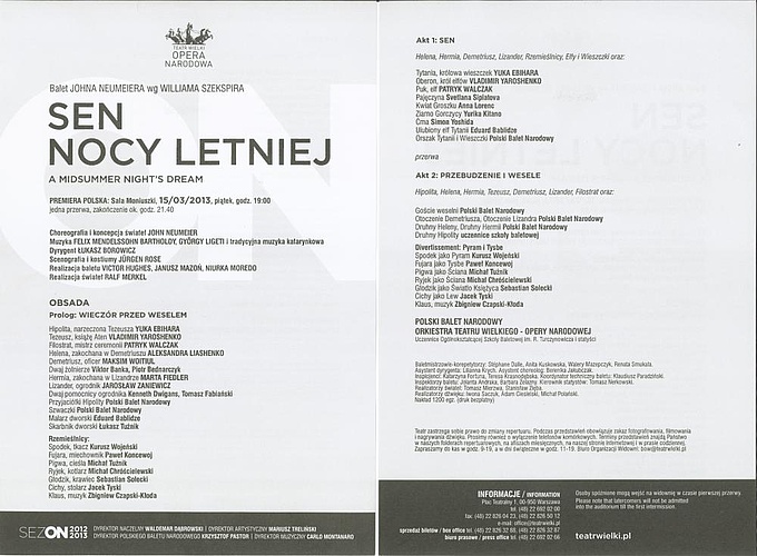 Wkładka obsadowa "Sen nocy letniej" Felix Mendelssohn Bartholdy, György Ligeti / John Neumeier premiera polska 2013-03-15