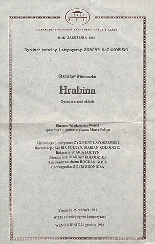 Wkładka obsadowa „Hrabina” Stanisław Moniuszko 22-05-1988. 110 rocznica zgonu kompozytora