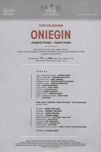 Wkładka obsadowa „Oniegin” Piotr Czajkowski 12-05-2006