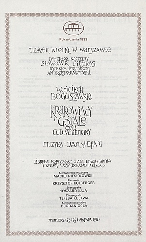 Wkładka Obsadowa.„Krakowiacy i Górale czyli Cud mniemany” Wojciech Bogusławski 28-01-1993