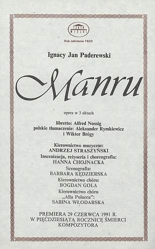 Wkładka obsadowa „Manru” Ignacy Paderewski 27-10-1991