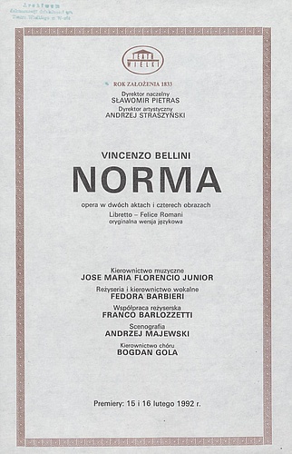 Wkładka obsadowa „Norma” Vincenzo Bellini 16-02-1992