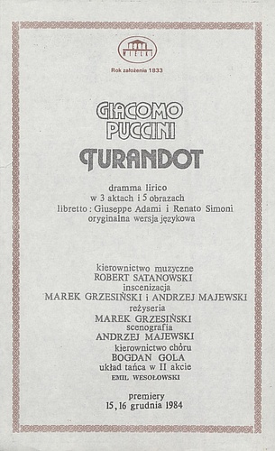 Wkładka obsadowa „Turandot” Giacomo Puccini 12-12-1991