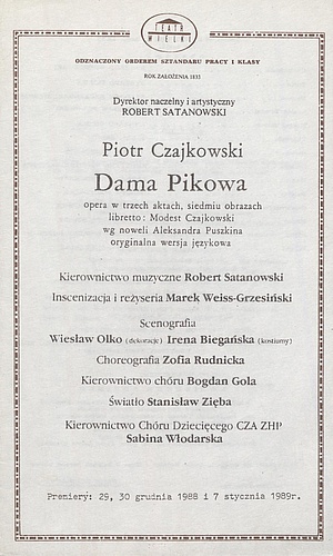 Wkładka obsadowa „Dama pikowa” Piotr Czajkowski 15-04-1989