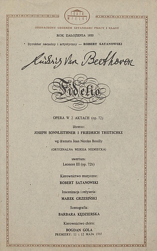 Wkładka obsadowa „Fidelio” Ludwig van Beethoven 09-06-1985