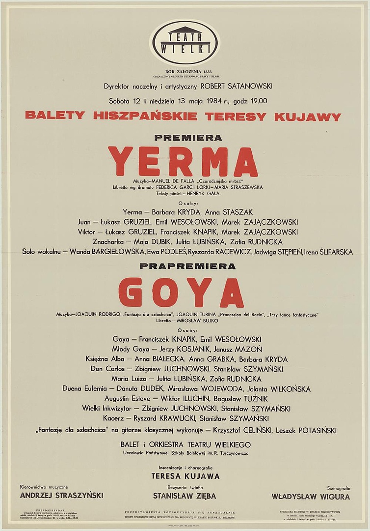 Afisz premierowy „Yerma" Manuel de Falla 1984-05-12, 1984-05-13