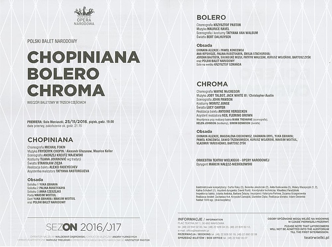 Wkładka obsadowa Wieczoru baletowego „Chopiniana, Bolero, Chroma” premiera 2016-11-25