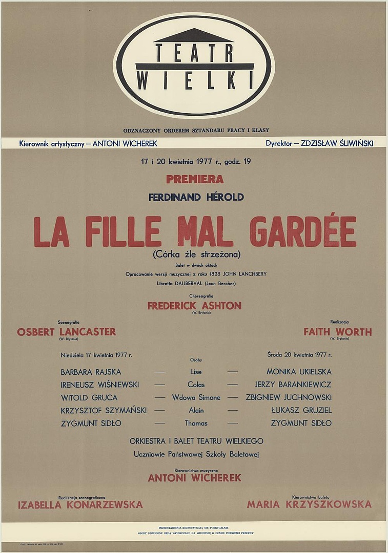 Afisz premierowy. „La fille mal gardée”/ „Córka źle strzeżona” Ferdinand Hérold 1977-04-17, 1977-04-20
