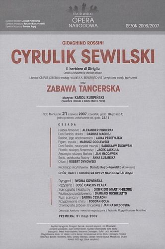 Wkładka obsadowa „Cyrulik Sewilski” Gioachino Rossini i „Zabawa Tancerska” z muzyką Karola Kurpińskiego 21-06-2007
