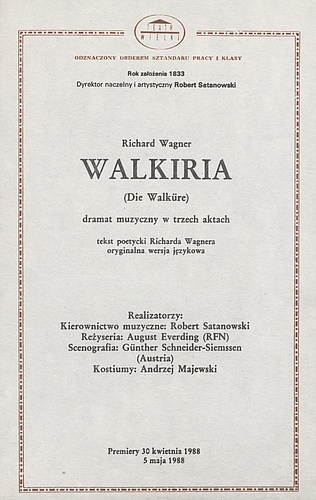 Wkładka obsadowa „Walkiria” Richard Wagner 30-04-1988