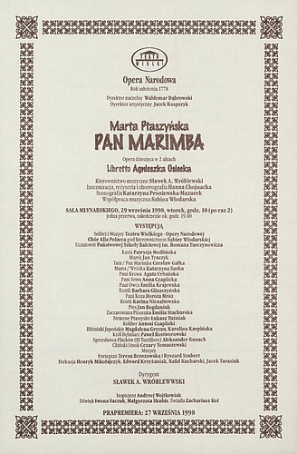 Wkładka Obsadowa „Pan Marimba” Marta Ptaszyńska 29-09-1998