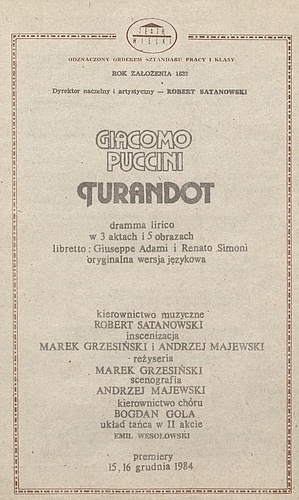 Wkładka obsadowa „Turandot” Giacomo Puccini 18-05-1986