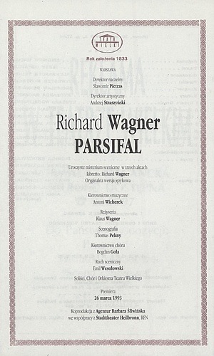 Wkładka obsadowa „Parsifal” Richard Wagner 30-03-1993