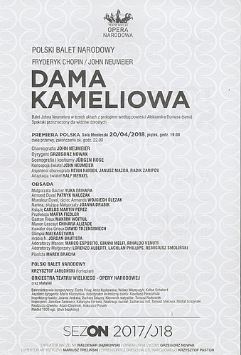 Wkładka obsadowa "Dama kameliowa" Fryderyk Chopin / John Neumeier premiera polska 2018-04-20