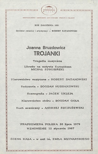 Wkładka obsadowa „Trojanki” Joanna Bruzdowicz 28-09-1987 drugie wznowienie 12-01-1987
