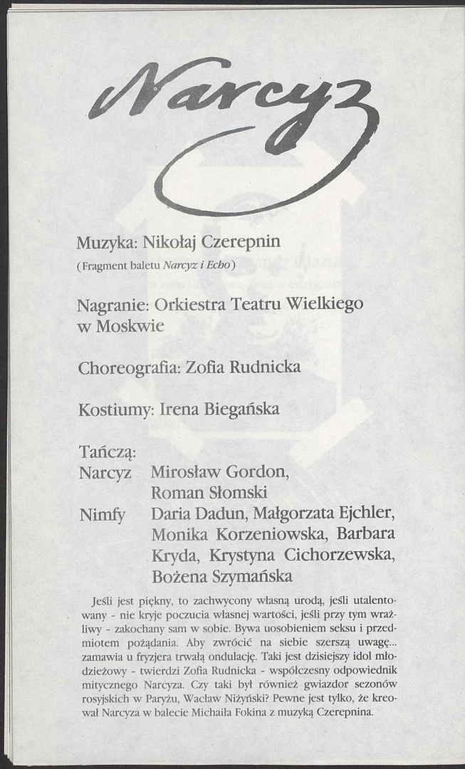 Program. „Narcyz” Nikołaj Czerepnin 1989-05-26