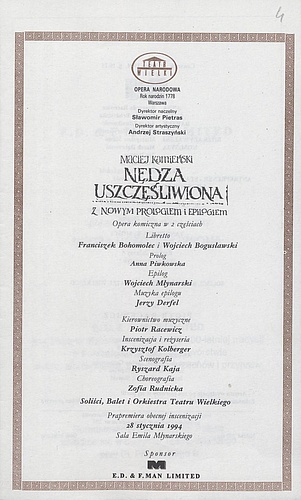 Wkładka obsadowa „Nędza uszczęśliwiona” Maciej Kamieński 10-02-1994