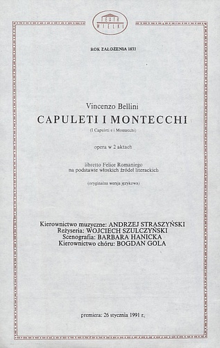 Wkładka obsadowa. „Capuleti i Montecchi” Vincenzo Bellini 26-01-1991
