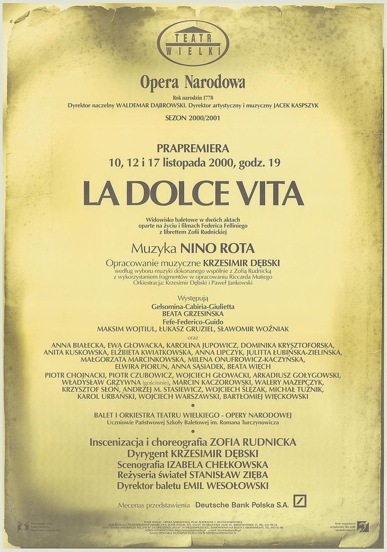 Afisz premierowy. „La dolce vita” Nino Rota 2000-11-10