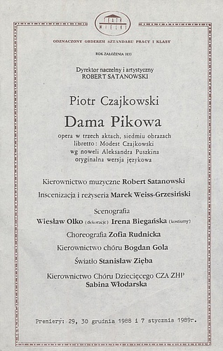 Wkładka premierowa – premiera II „Dama pikowa” Piotr Czajkowski 30-12-1988