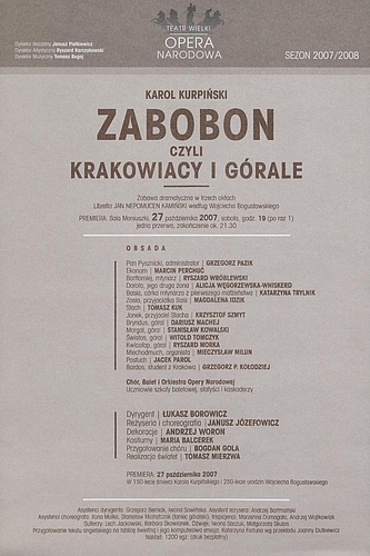 Wkładka premierowa „Zabobon czyli Krakowiacy i Górale” Karol Kurpiński 27-10-2007