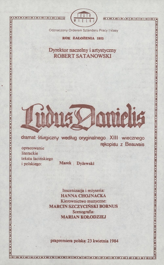 Wkładka obsadowa „Ludus Danielis” 9-04-1990