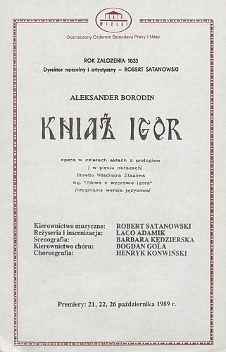 wkładka premierowa „Kniaź Igor” Aleksander Borodin 21-10-1989